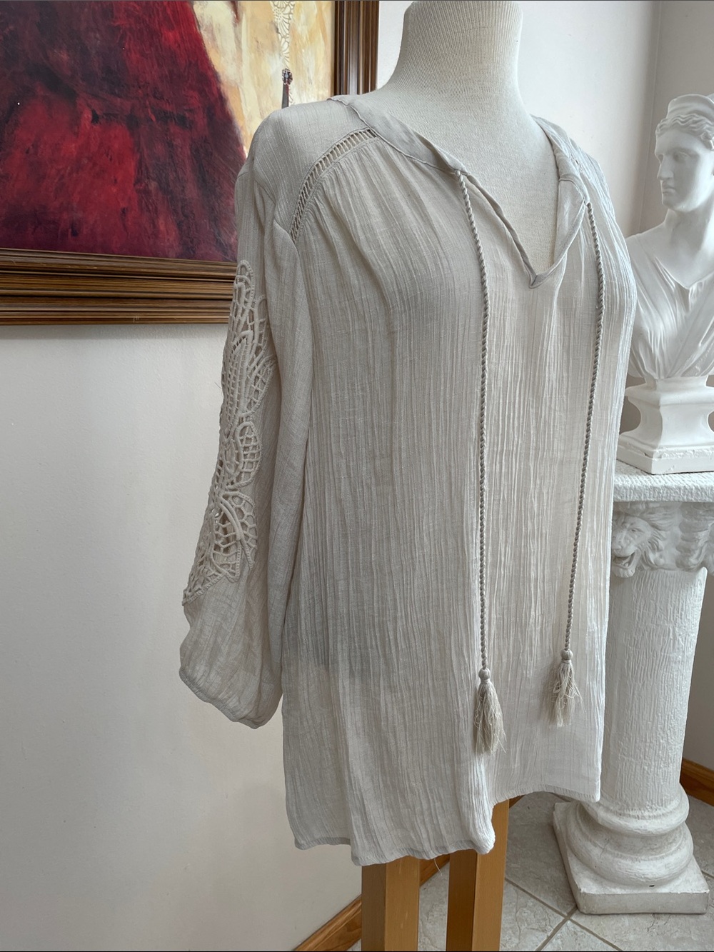 Hope & Harlow 2x Boho Gauzy Top Cream Crochet Sleeves Tassels